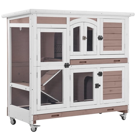 Aivituvin Wood Rabbit Hutch Bunny Cage with Wheel, Two Layer Guinea Pig House for Outdoors & Indoors, Brown