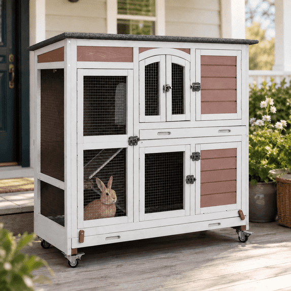 Aivituvin Wood Rabbit Hutch Bunny Cage with Wheel, Two Layer Guinea Pig House for Outdoors & Indoors, Brown