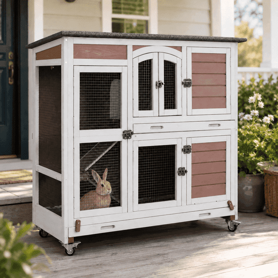 Aivituvin Wood Rabbit Hutch Bunny Cage with Wheel, Two Layer Guinea Pig House for Outdoors & Indoors, Brown