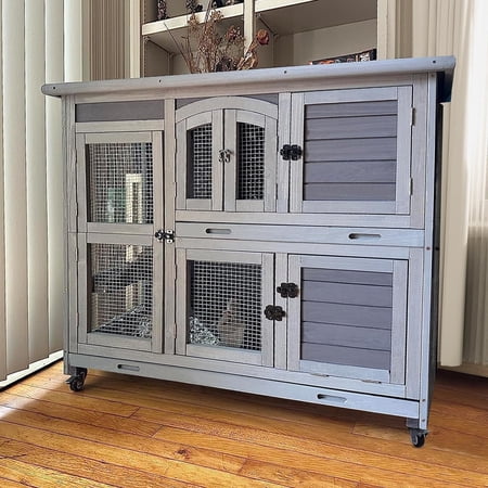 Aivituvin Wood Rabbit Hutch Bunny Cage with Wheel, Two Layer Guinea Pig House for Outdoors & Indoors