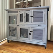 Aivituvin Wood Rabbit Hutch Bunny Cage with Wheel, Two Layer Guinea Pig House for Outdoors & Indoors