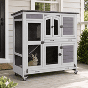 Aivituvin Wood Rabbit Hutch Bunny Cage with Wheel, Two Layer Guinea Pig House for Outdoors & Indoors