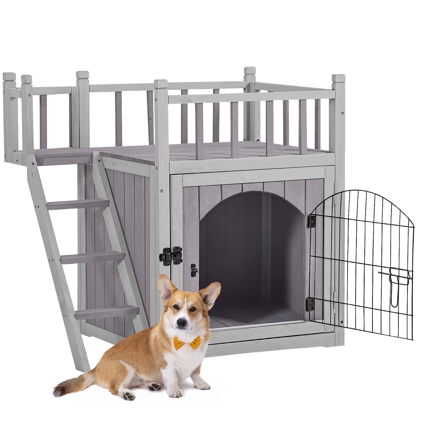 Aivituvin Wooden Cat House Outdoor Kitty Shelter Pet Houses with Stairs, 2 Storys