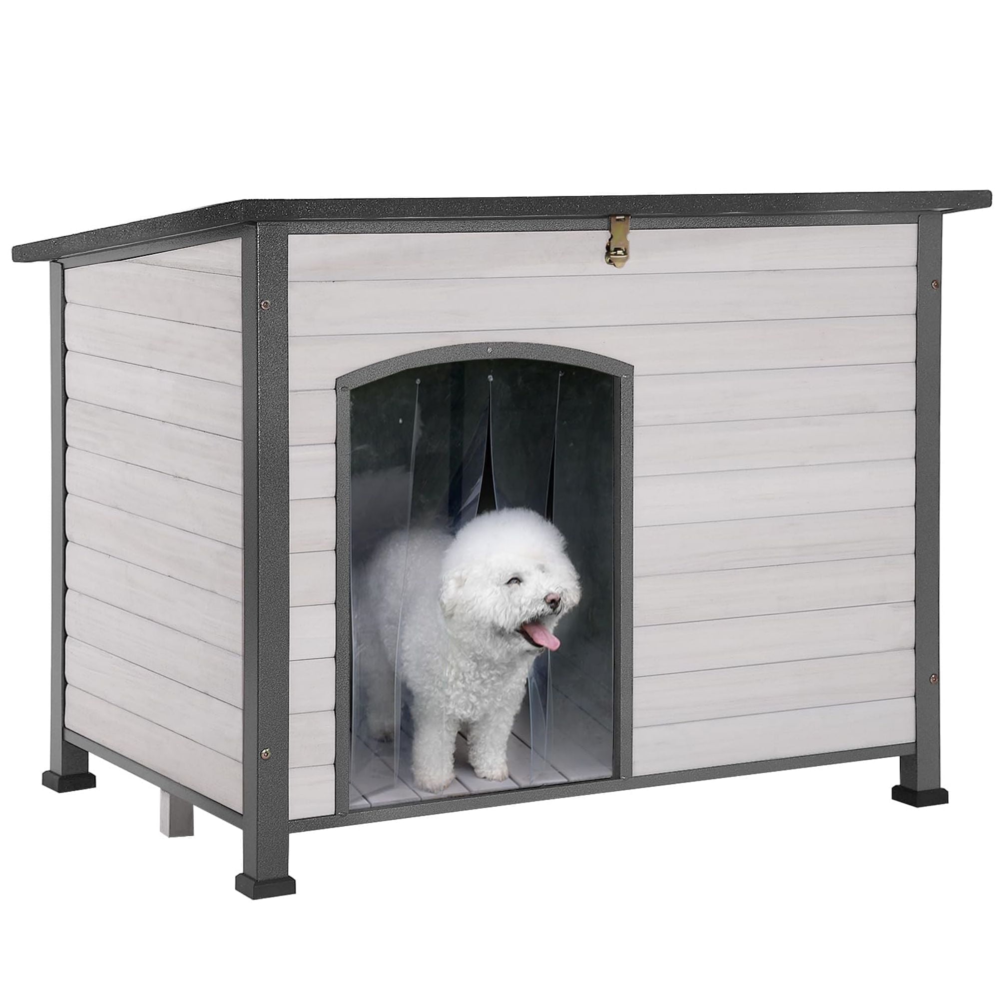 Large Off-White Wooden Dog House with Iron Frame