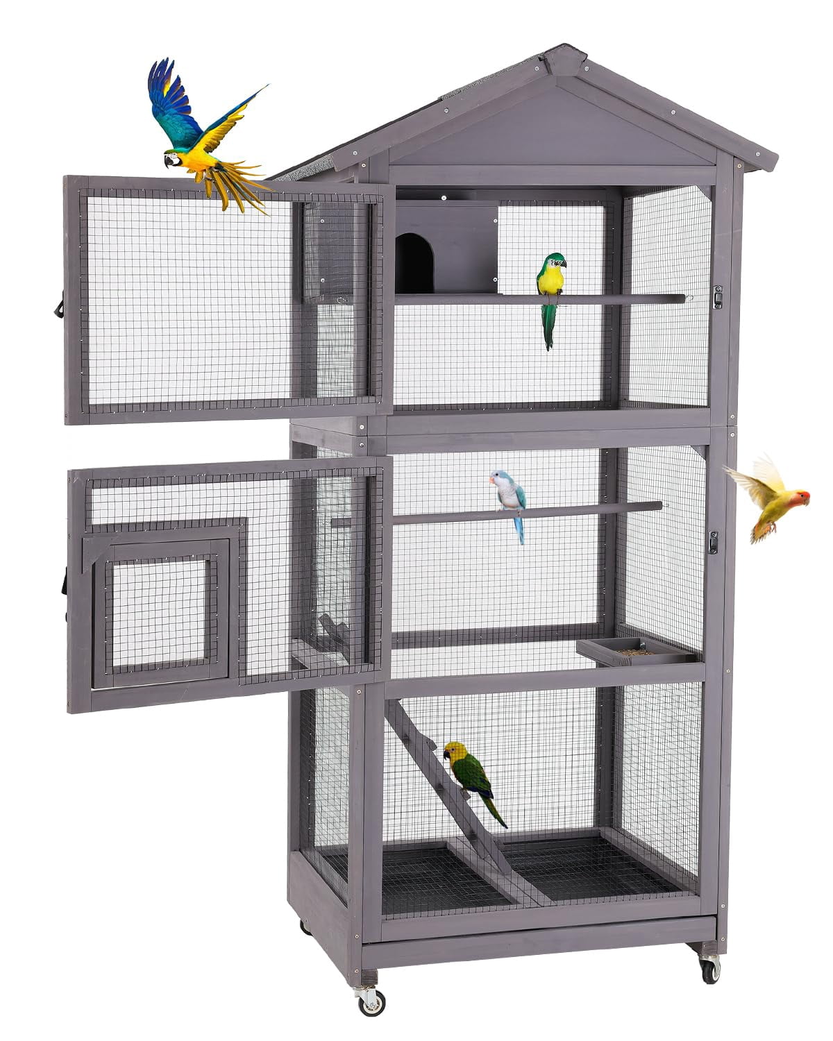Aivituvin Wooden Large Bird Cage with Wheels – Mobile Outdoor Aviary with Play Stand, Perches & Nest, Easy-Clean Mesh Design
