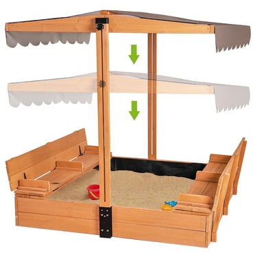 Aivituvin Wooden Outdoor Sandbox with Cover, 47"x47" Sand Box for Kids with UV-Resistant Canopy and 2 Foldable Seats for Backyard Lawn