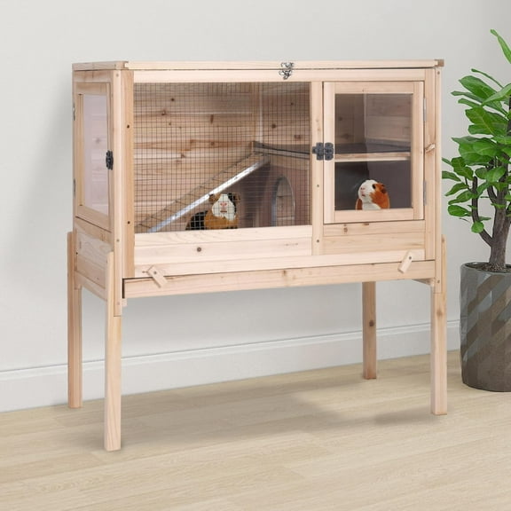 Aivituvin Wooden Rabbit Hutch Bunny Cage Guinea Pig Cage with Legs for Indoor & Outdoor, 2-Story Small Animal Cage with Leakproof Pull-Out Tray for Bunnys, Guinea Pigs, Hamsters (Natural Wood)