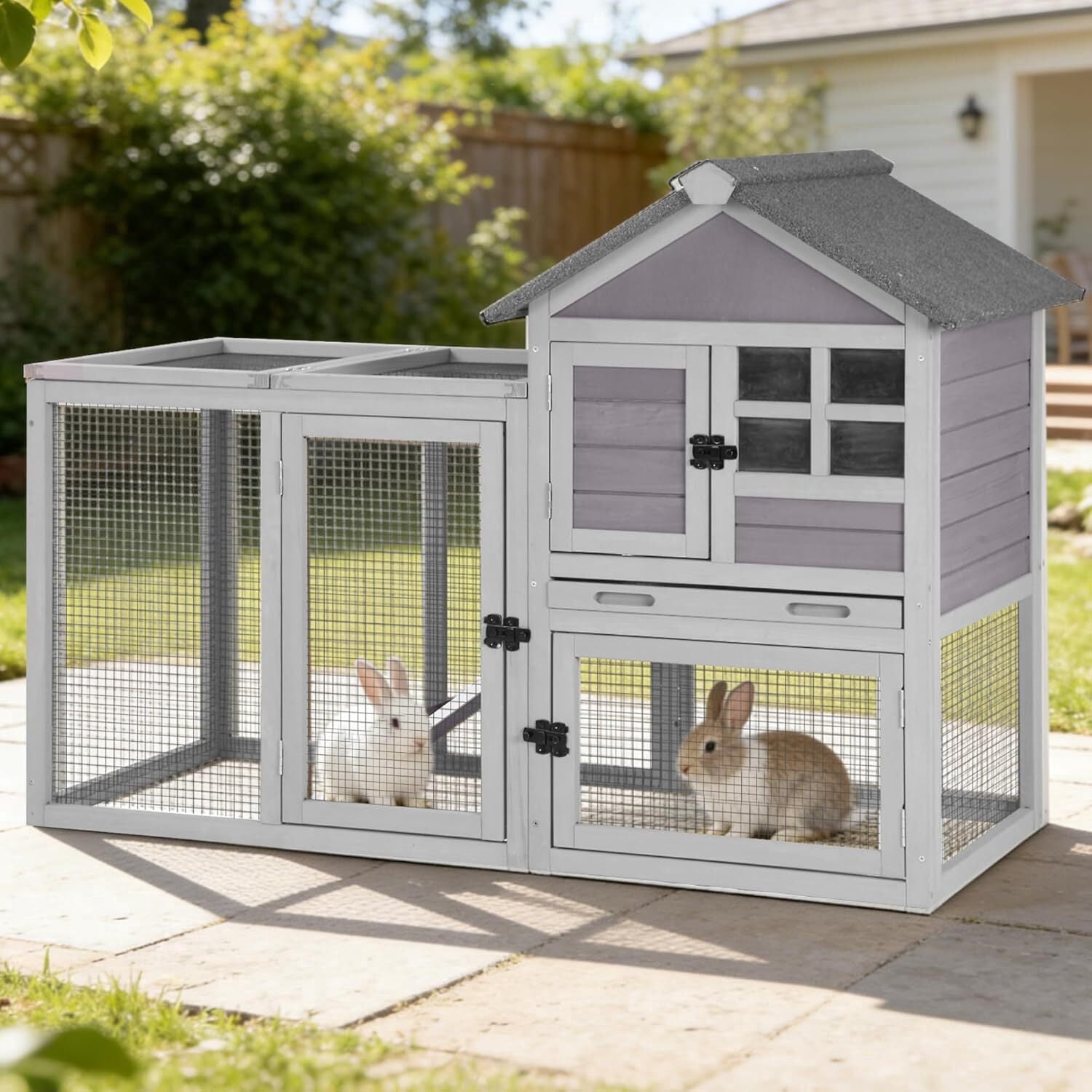 Aivituvin Rabbit Hutch Indoor Outdoor Chicken Coop, 51.6" L Wooden Rabbit Cage with No Leakage Plastic Tray, Rainproof Asphalt for Chicken,Guinea Pig, Bunny Hutch(Gray)