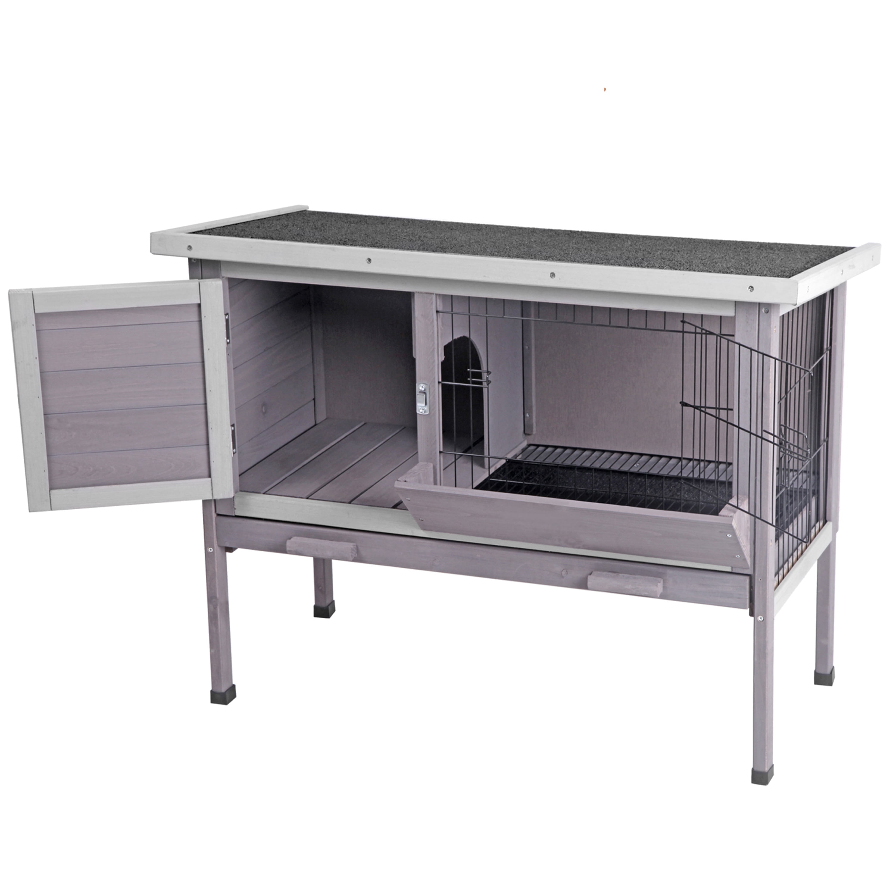 Gray Wooden Indoor Rabbit Hutch with Metal Wire Pan