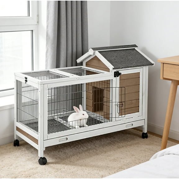Aivituvin Wooden Rabbit Hutch Indoor and Outdoor, Rabbit Cage with Removable Wire Netting and Leak Proof Tray, Mobile Bunny Cage with Wheels (Brown)