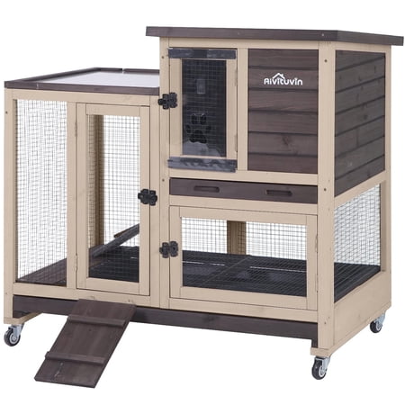 Aivituvin Wooden Rabbit Hutch with Two Slide Tray Outdoor Bunny Cage Indoor Guinea Pig Habitat - Coffee