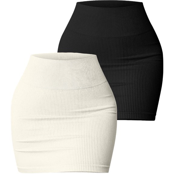 Aivtalk 2 Packs Short Pencil Skirt Women Fitted Stretchy Ribbed High Waisted Bodycon Mini Skirt Summer for Y2K Rave Party Daily Work L