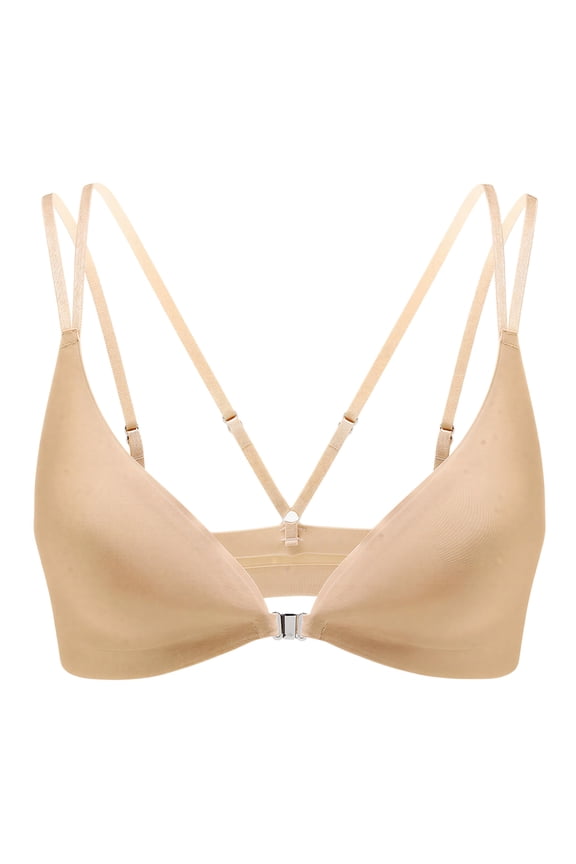 Front Closure Bras for Women Magnetic Clasp Wireless Seamless Deep V Bra Criss Cross Thin Straps Breathable Bralette with Pads XL Skin