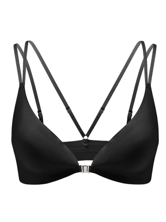 Front Closure Bras for Women Magnetic Deep V Wireless Bra Seamless Bralette with Removable Pads Crisscross Back S Black