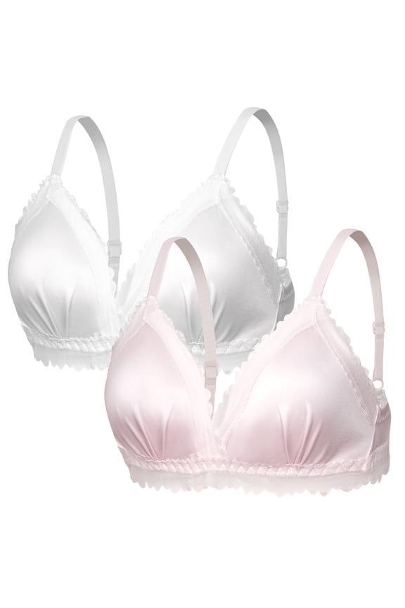 Girls Training Bras Teens Wireless Padded Bralettes Satin Lace Lightweight Triangle Cup Everyday Bra Pink + White 32/70AB