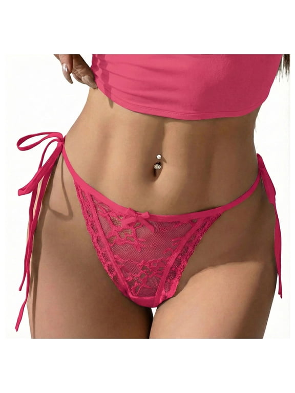 Lace Thongs Women's Side Tie Adjustable G-String Ladies See Through Underwear with Bowknot Low Rise Wild Panty for Valentine's Day M