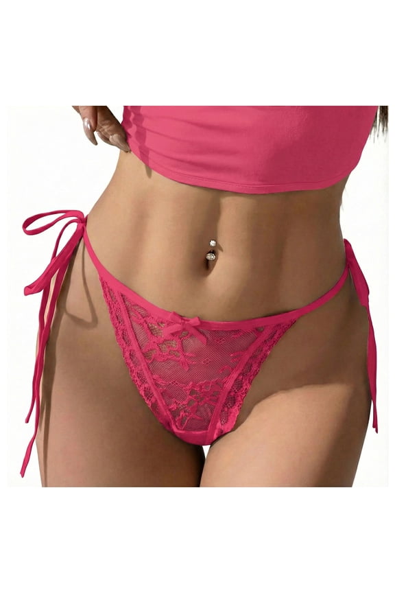 Lace Thongs Women's Side Tie Adjustable G-String Ladies See Through Underwear with Bowknot Low Rise Wild Panty for Valentine's Day M