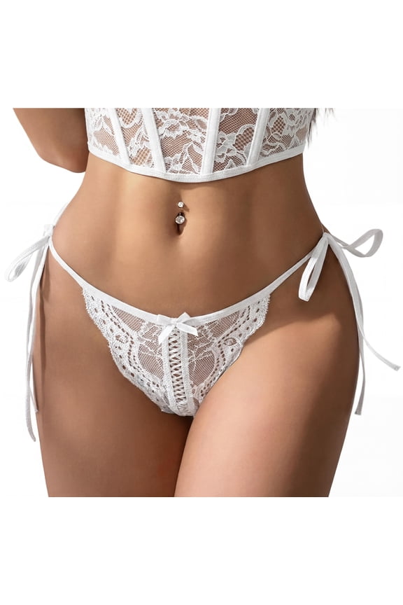 Lace Wavy Thongs Women's Side Tie Adjustable G-String Ladies See Through Underwear with Bowknot Low Rise Wild Panty for Valentine's Day M White