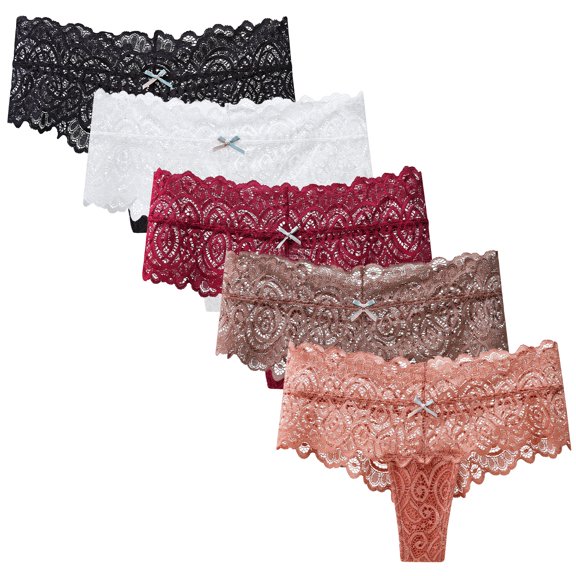Aivtalk Ladies Lace Sexy Thongs Womens Mid Waisted Panties Soft Breathable Seamless Underwear Plus Size Underpants Stretch Boxer Shorts 5 Pack L