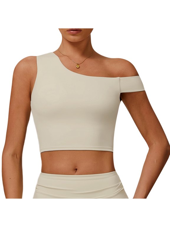 Longline Sports Bras for Women One Shoulder Workout Tank Tops with Built in Bra Supportive Low Impact Padded Wirefree Asymmetrical Butterluxe Yoga Cropped Bralette Apricot XL