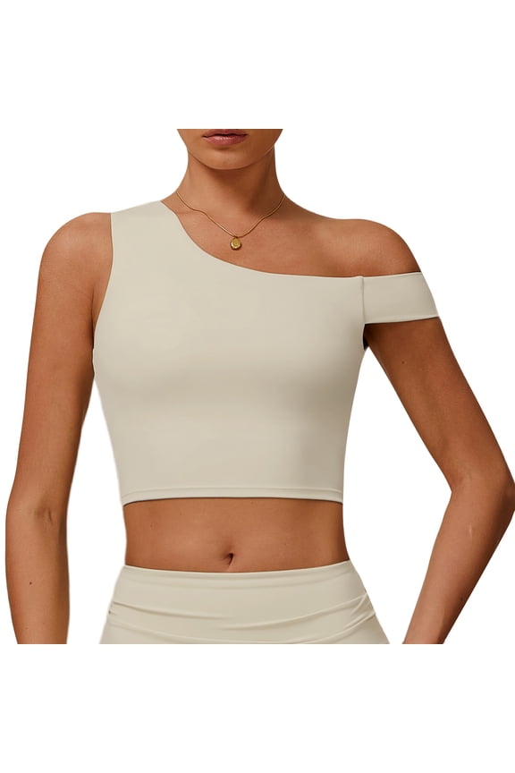 Longline Sports Bras for Women One Shoulder Workout Tank Tops with Built in Bra Supportive Low Impact Padded Wirefree Asymmetrical Butterluxe Yoga Cropped Bralette Apricot XL