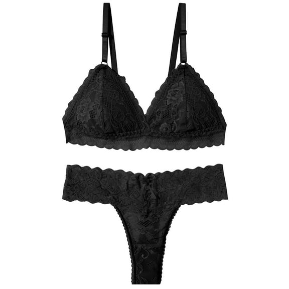 Aivtalk Matching Bra and Panty Sets for Women Lace Bra Panty Supportive Wireless 2 Piece Deap V Embroidered Mesh Underwire Black L