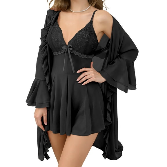 Aivtalk Nightgowns for Women 2 Piece Pajamas Sets Mesh Lace Cami Nightshirt with Kimono Robes Set Chemise Nightwear V Neck Babydoll Lounge Dress Black XL