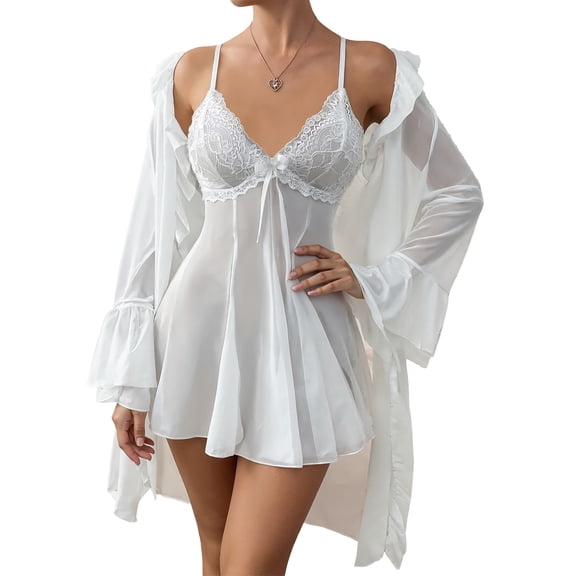 Aivtalk Nightgowns for Women 2 Piece Pajamas Sets Mesh Lace Cami Nightshirt with Kimono Robes Set Chemise Nightwear V Neck Babydoll Lounge Dress White M
