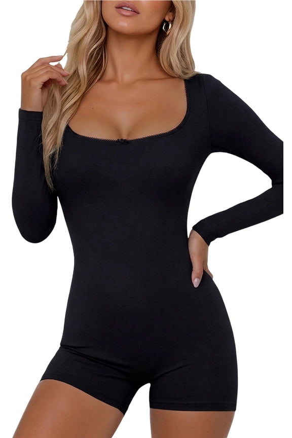 One Piece Jumpsuit Pajamas for Women's Long Sleeve Square Neck Rompers Stretchy Bodycon Bodysuit Seamless Lace trim Loungewear L Black