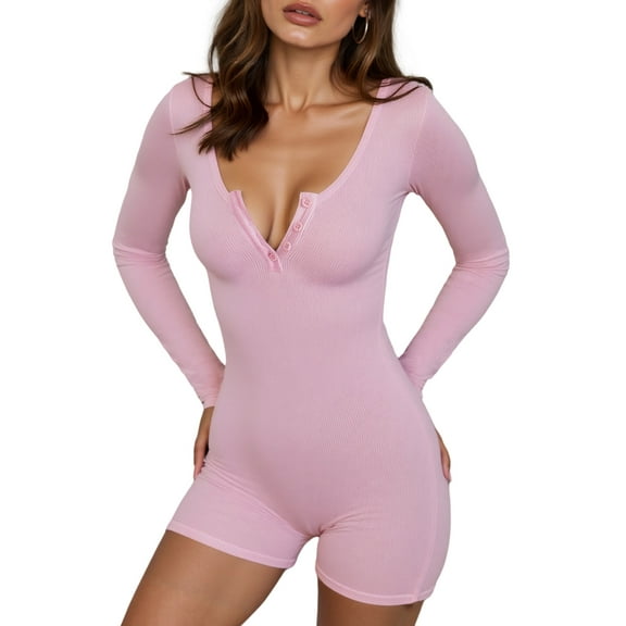 Aivtalk One Piece Rompers for Women Ribbed Long Sleeve Shorts Bodycon Pajama Knitted Button Down Front Bodysuit V Neck Y2k Stretch Jumpsuit Workout Set Overall Outfit Pink M