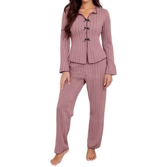 Aivtalk Pajama Sets for Women Fall Long Sleeve Sleepwear Ribbed Knit Button Down Ladies Pjs Set Bow Soft Top and Pants Loungewear 2 Piece Lotus Root Pink XL
