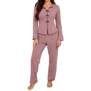 Aivtalk Pajama Sets for Women Fall Long Sleeve Sleepwear Ribbed Knit Button Down Ladies Pjs Set Bow Soft Top and Pants Loungewear 2 Piece Lotus Root Pink XL