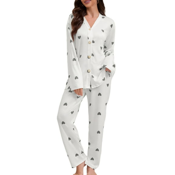 Aivtalk Pajamas for Women Set Long-Sleeve Shirt and Full-Length Bottom PJs Sleepwear Soft Top Pants Sets Button Down V Neck Heart Print Cute Loungewear 2 Piece Gray S