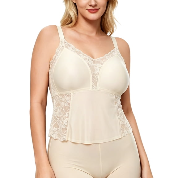 Aivtalk Plus Size Camisole for Women Satin Silk Wireless Lace Tank Top with Built in Bra Adjustable Straps Full Coverage Cami Top L
