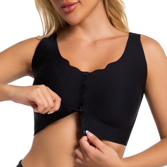 Aivtalk Seamless Front Close Bras for Women Wireless Plus Size Bralettes Full Coverage Push Up Wicking Mastectomy No Underwire Lingerie Lift Comfort T-Shirt Bra Black L