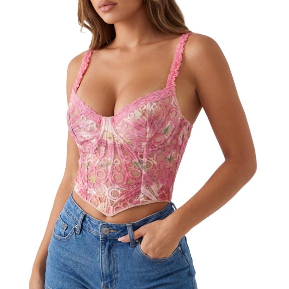 Aivtalk Sheer Lace Corset Tops for Women Textured Floral Lace-up Bustier Hollowed Design Corset Crop Top for Club Party Concert XL Pink