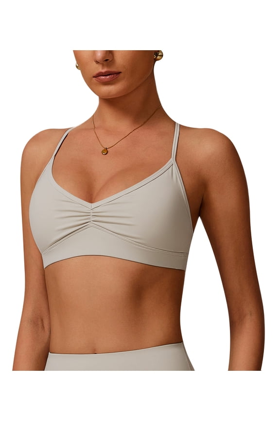 Sports Bras for Women Padded Sports Tank Top Crisscross Back Wireless Spaghetti Straps V Neck Ruched Longline Pilates Workout Yoga Bra Gray Apricot L