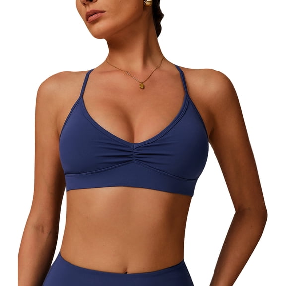 Aivtalk Sports Bras for Women Padded Sports Tank Top Crisscross Back Wireless Spaghetti Straps V Neck Ruched Longline Pilates Workout Yoga Bra Blue L