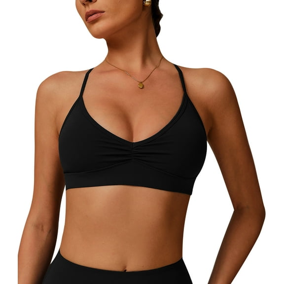 Aivtalk Sports Bras for Women Ruched V Neck Yoga Bralettes Crisscross Spaghetti Straps Wireless Workout Tank Longline Pilates Camisole Black L