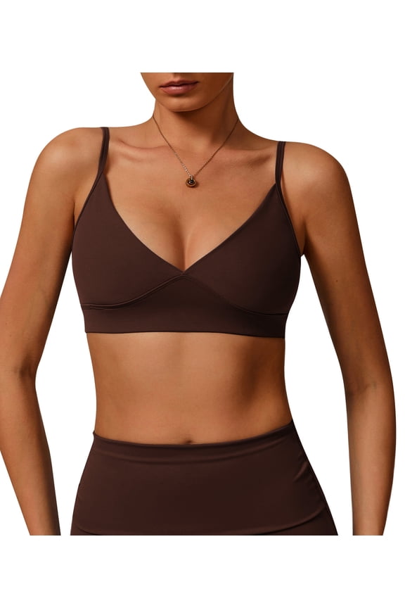 Sports Bras for Women Wireless Seamless Bralettes Workout Crop Adjustable Spaghetti Strap V Neck Padded Yoga Top Camisole Brown XL