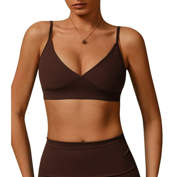Aivtalk Sports Bras for Women Wireless Seamless Bralettes Workout Crop Adjustable Spaghetti Strap V Neck Padded Yoga Top Camisole Brown XL