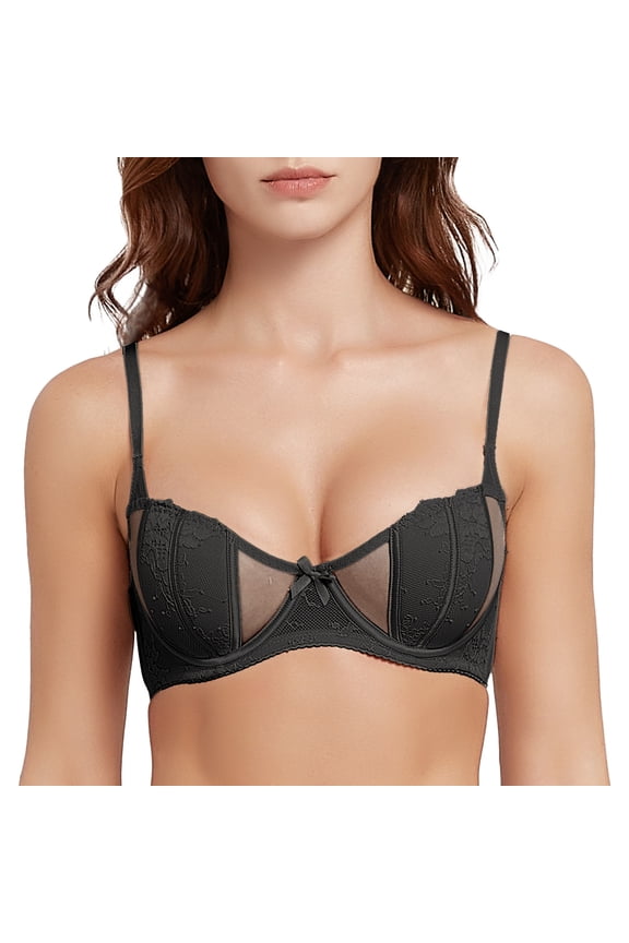 Women Bra Mesh Underwire Unlined Brassiere See Through Balconette Bra Demi Lingerie Everyday Bras Push Up Adjustable Underwire Black 75B/34B