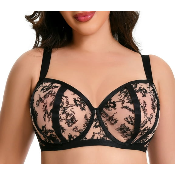 Aivtalk Women Bras Underwire Full Coverage Lingerie Breathable Mesh Push Up Lifting Minimizer Bra Black 38/85F