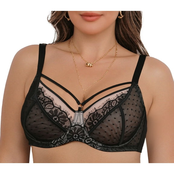 Aivtalk Women Bras Underwire Unlined Push Up Lifting Full Coverage Plus Size Lingerie Breathable Mesh Bra Black 38/85F