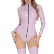 Aivtalk Women Catsuit Leather Shiny Glossy High Cut Bodysuit Wetlook Crotchless Leotard Thong Bodycon Jumpsuit Long Sleeve Zipper Teddy Clubwear XS Purple