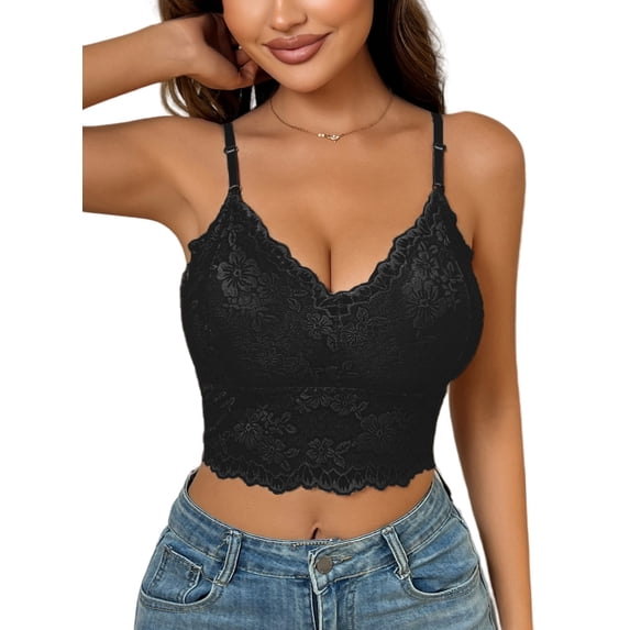 Aivtalk Women Lace Bralette Camisole Ladies Push Up Bra Pad Seamless Bandeau Floral Tank Tops Vest M Black for Valentine's Day