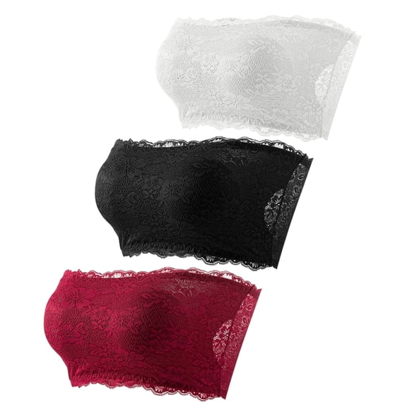Aivtalk Women Lace Floral Bandeau Bras Strapless Tube Top Multipack Seamless Wireless Padded Bandeau Bralette Summer Strapless 3 Pieces Bralette Multicolor 2XL