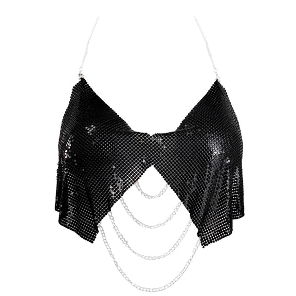 Aivtalk Women Metallic Sequin Tank Tops Shiny Backless Glitter Halter Sparkle Body Chain Bra Chainmail Sleeveless Rhinestone Cami Crop Rave Outfit Black M for Valentine's Day
