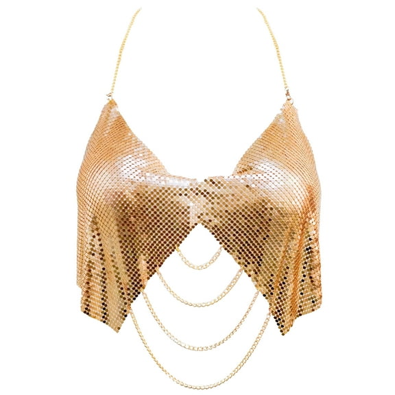 Aivtalk Women Metallic Sequin Tank Tops Shiny Backless Glitter Halter Sparkle Body Chain Bra Chainmail Sleeveless Rhinestone Cami Crop Rave Outfit Gold M