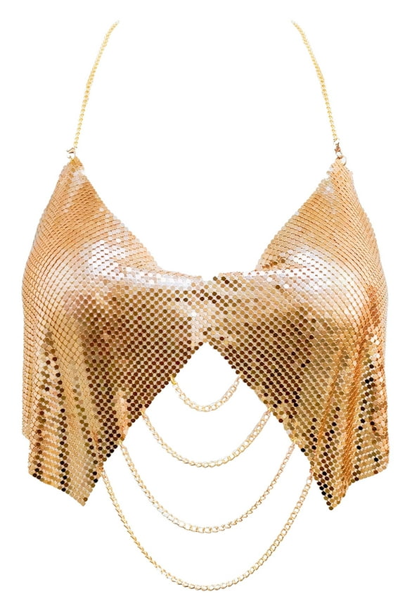 Women Metallic Sequin Tank Tops Shiny Backless Glitter Halter Sparkle Body Chain Bra Chainmail Sleeveless Rhinestone Cami Crop Rave Outfit Gold M